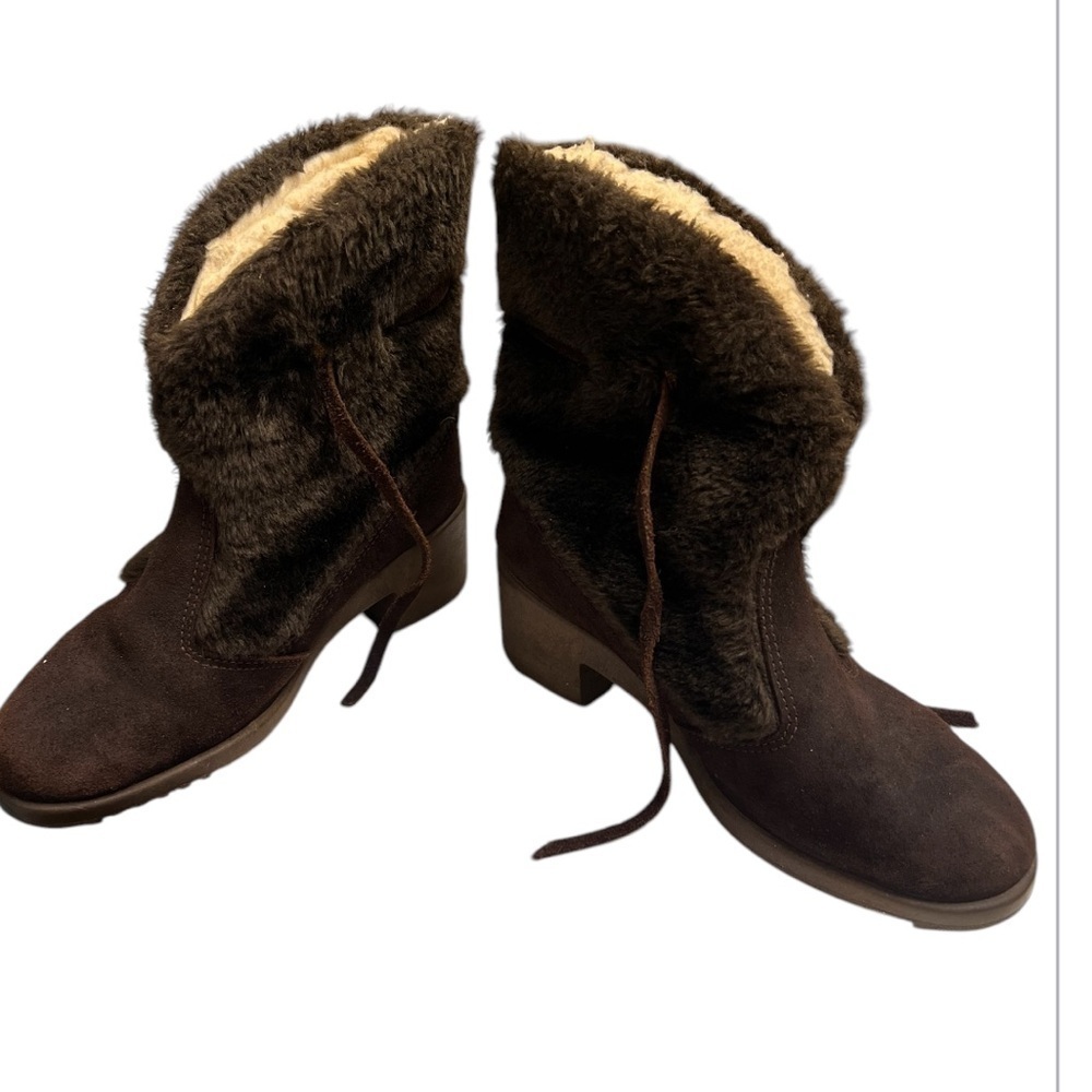 YODELERS WOMENS SZ 8 DARK BROWN SUEDE & FAUX FUR High-Ankle Booties